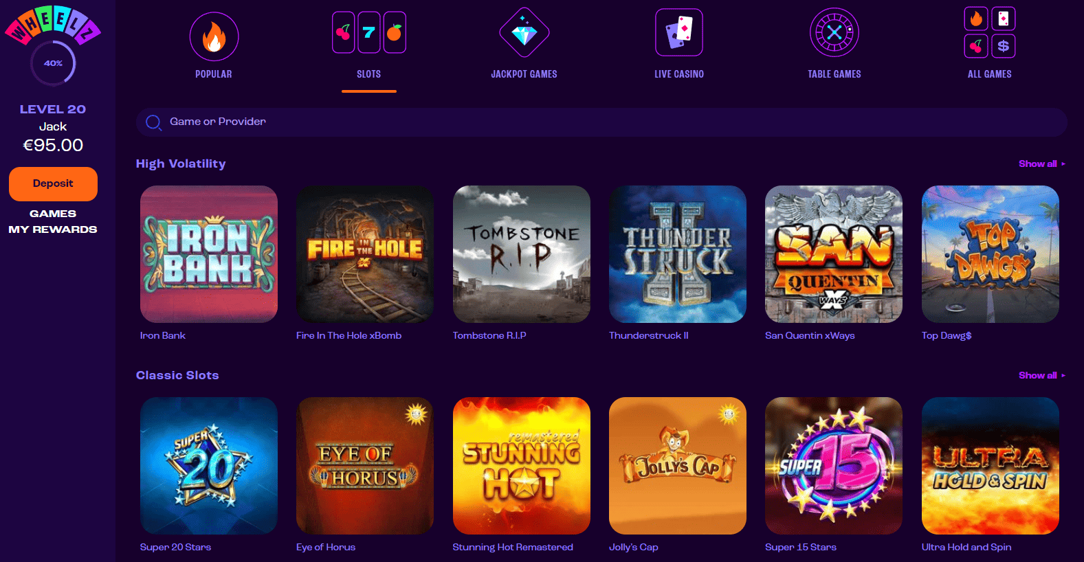 Games, slots, live tables, lottery at Wheelz casino 2022